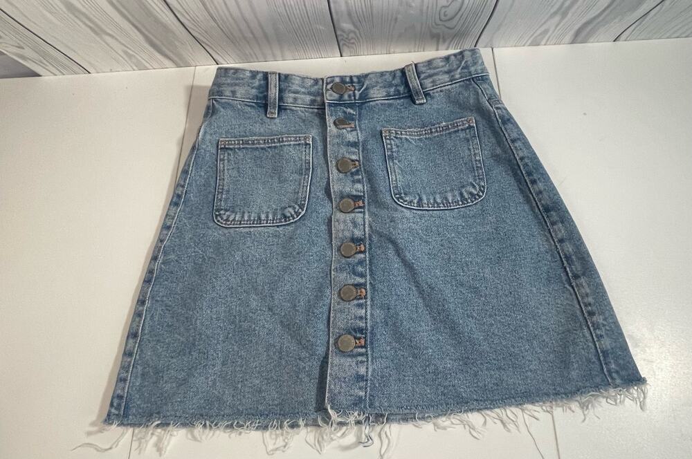 Zara Authentic Denim Size Small Jean Skirt By TRF Raw Hem Fly Front Pockets